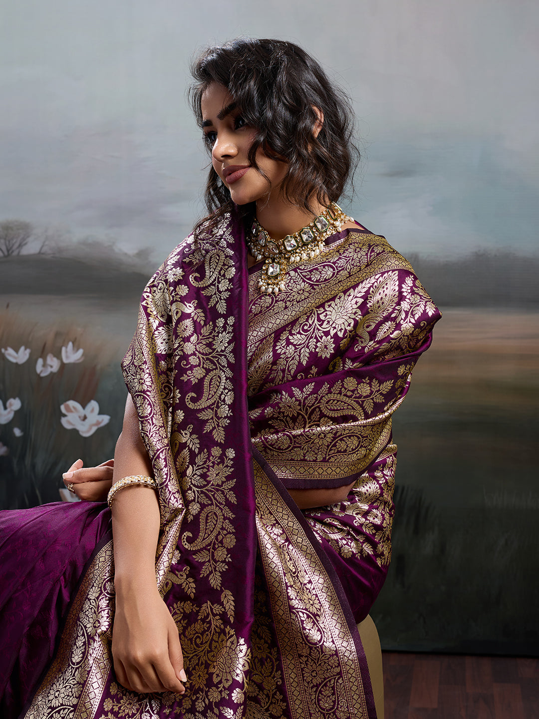 Silk Blend Wine Brocade Saree With Blouse Piece