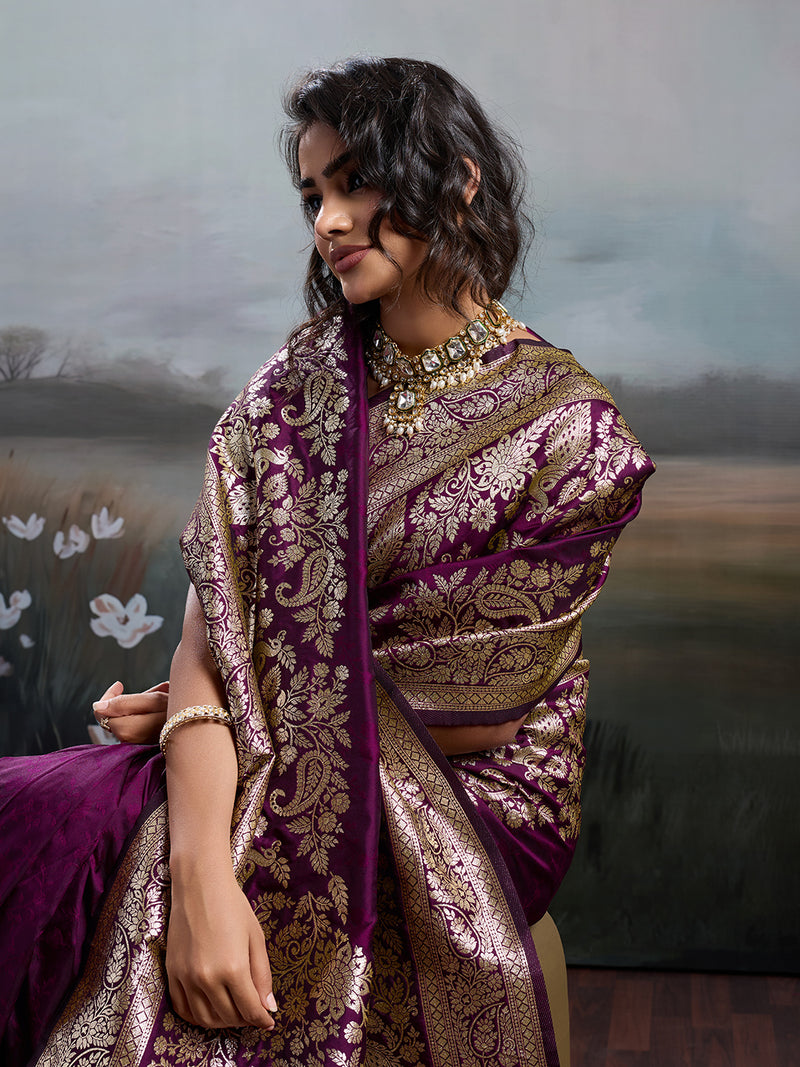 Silk Blend Wine Brocade Saree With Blouse Piece