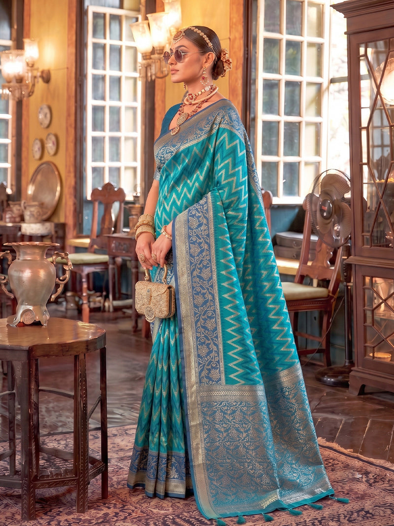 Teal & Blue Silk Banarasi Saree | EZB SI04 SUROY1001