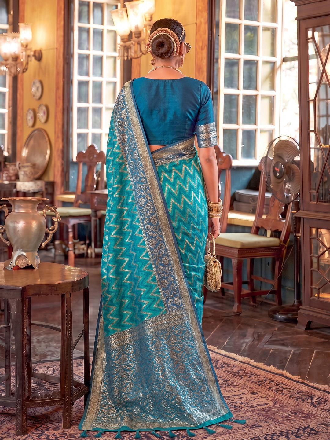 Teal & Blue Silk Banarasi Saree | EZB SI04 SUROY1001