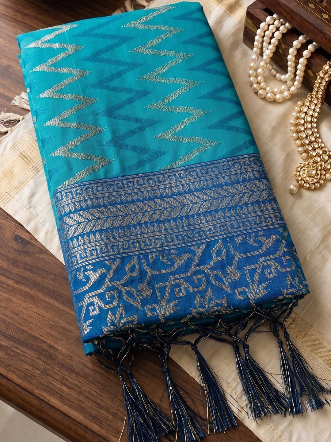 Teal & Blue Silk Banarasi Saree | EZB SI04 SUROY1001