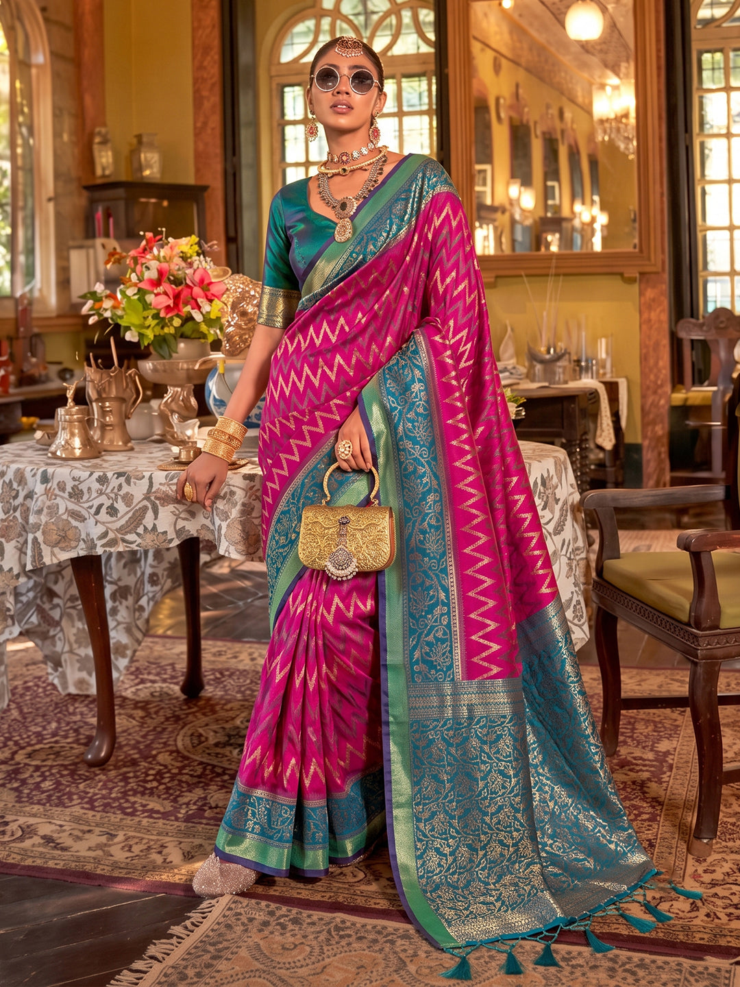 Rani & Teal Silk Banarasi Saree | EZB SI04 SUROY1002