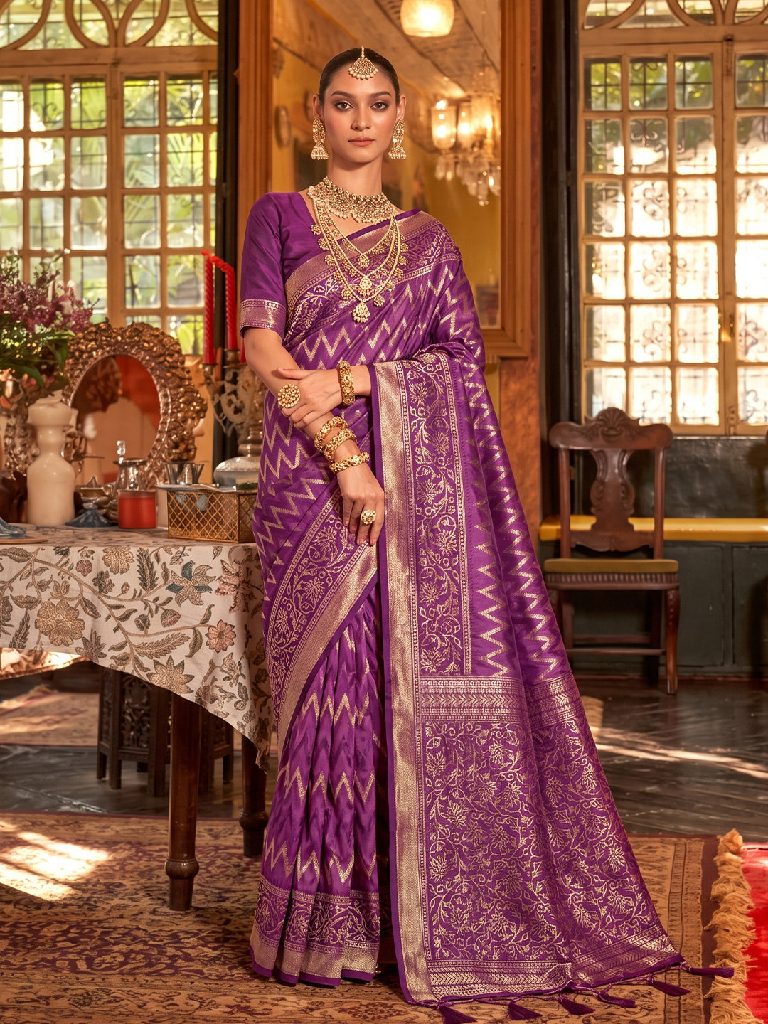 Purple & Purple Silk Banarasi Saree | EZB SI04 SUROY1005