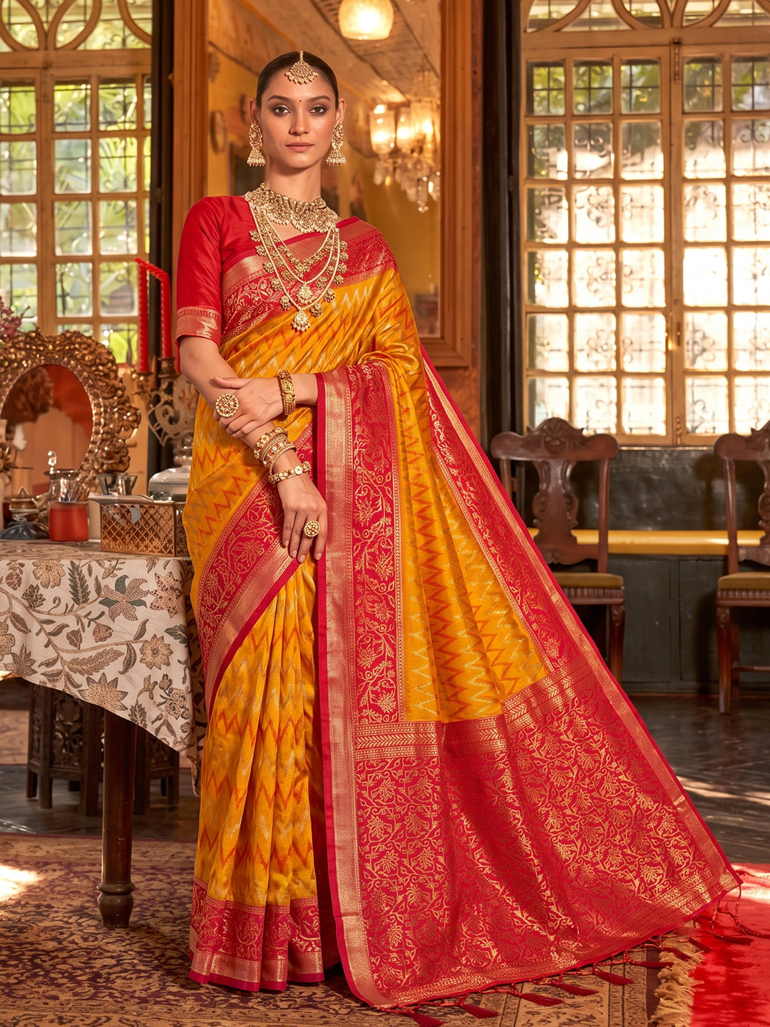 Mustard & Red Silk Banarasi Saree | EZB SI04 SUROY1006