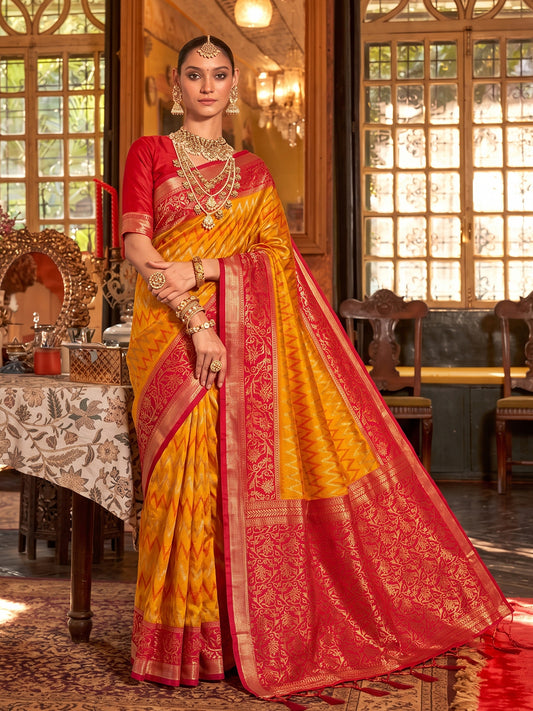 Mustard & Red Silk Banarasi Saree | EZB SI04 SUROY1006