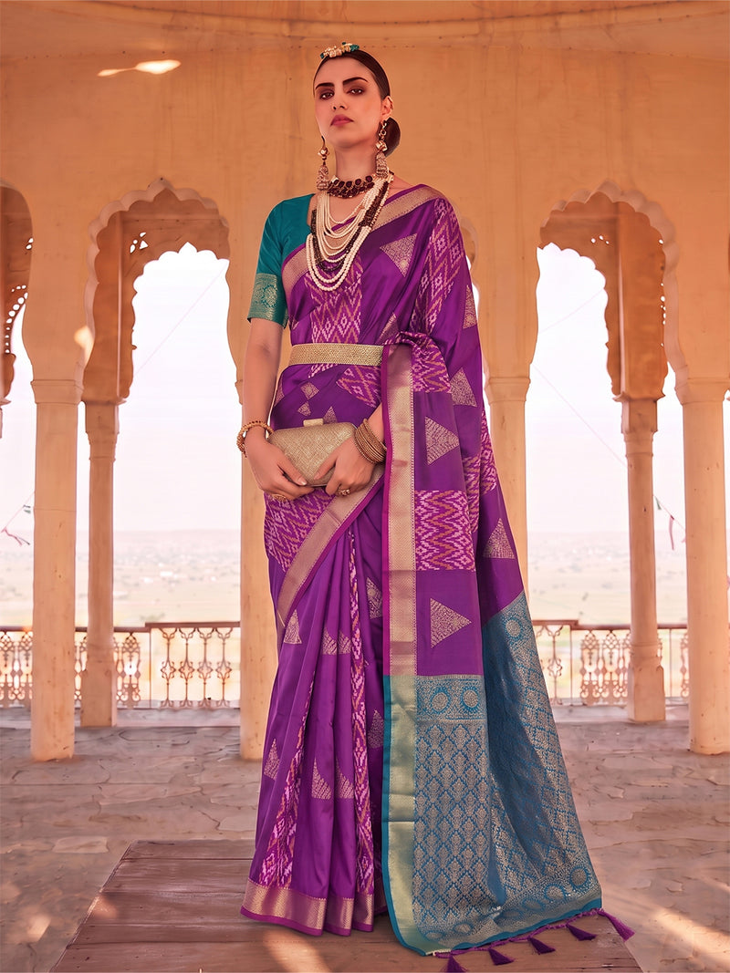 Purple & Green Soft Silk Ikat Saree | EZB SI04 SUSAG1001