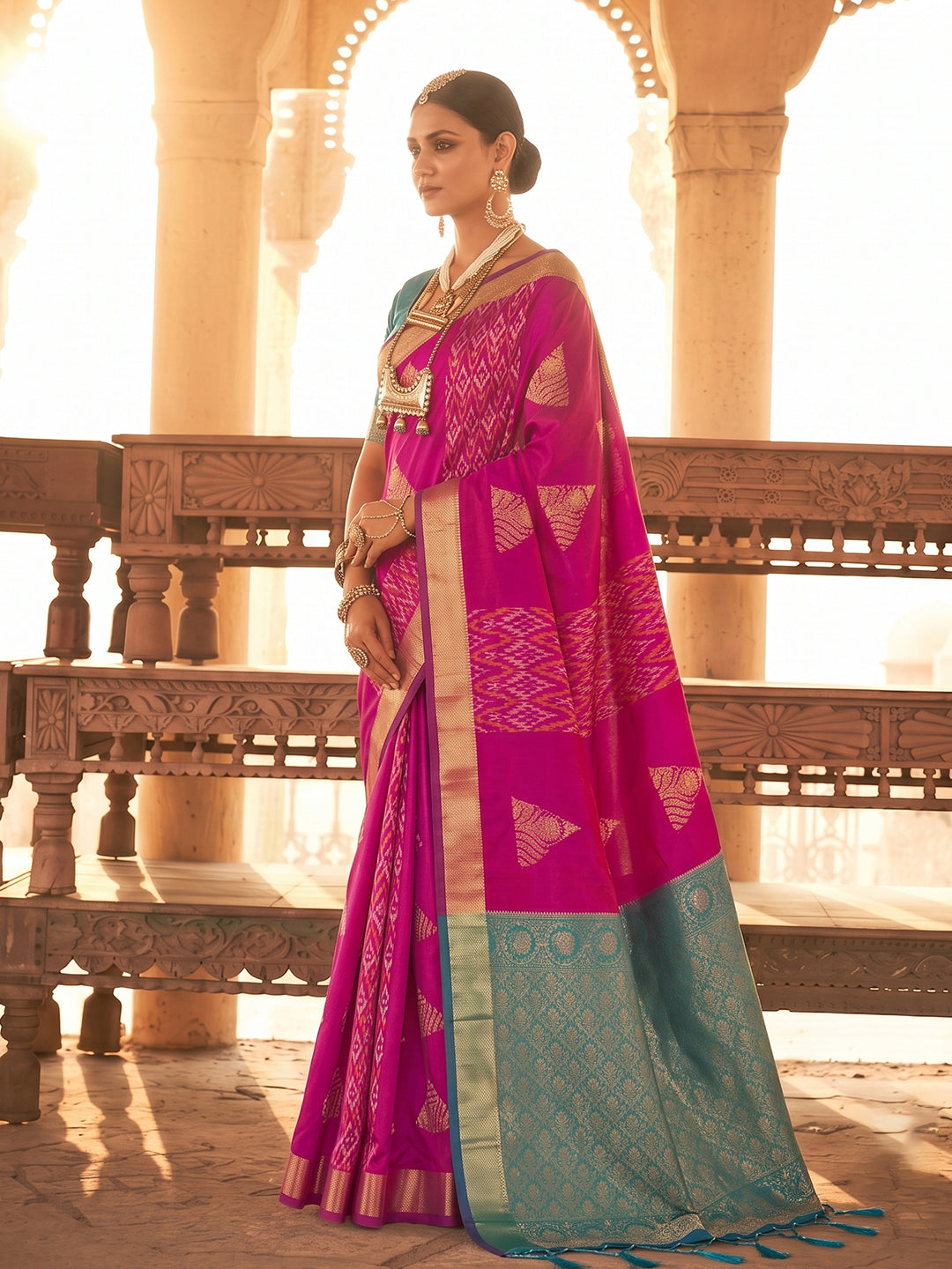 Magenta & Teal Soft Silk Ikat Saree | EZB SI04 SUSAG1002