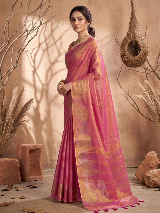Tissue Silk Wine Brocade Saree With Blouse Piece