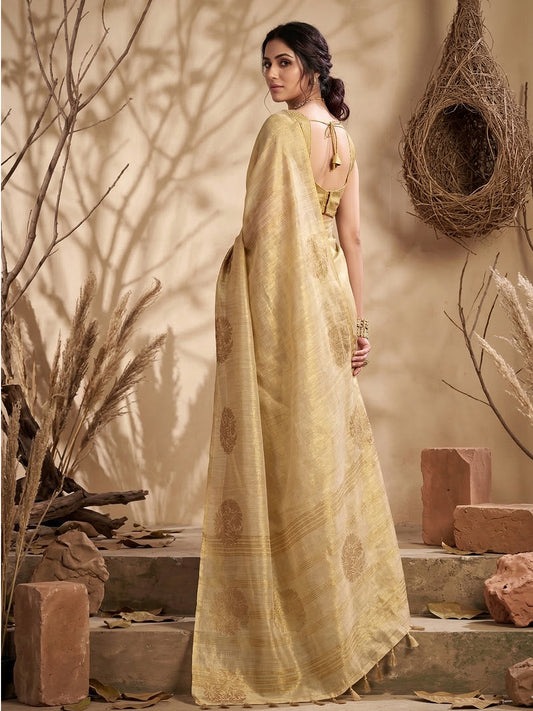 Tissue Silk Cream Brocade Saree With Blouse Piece