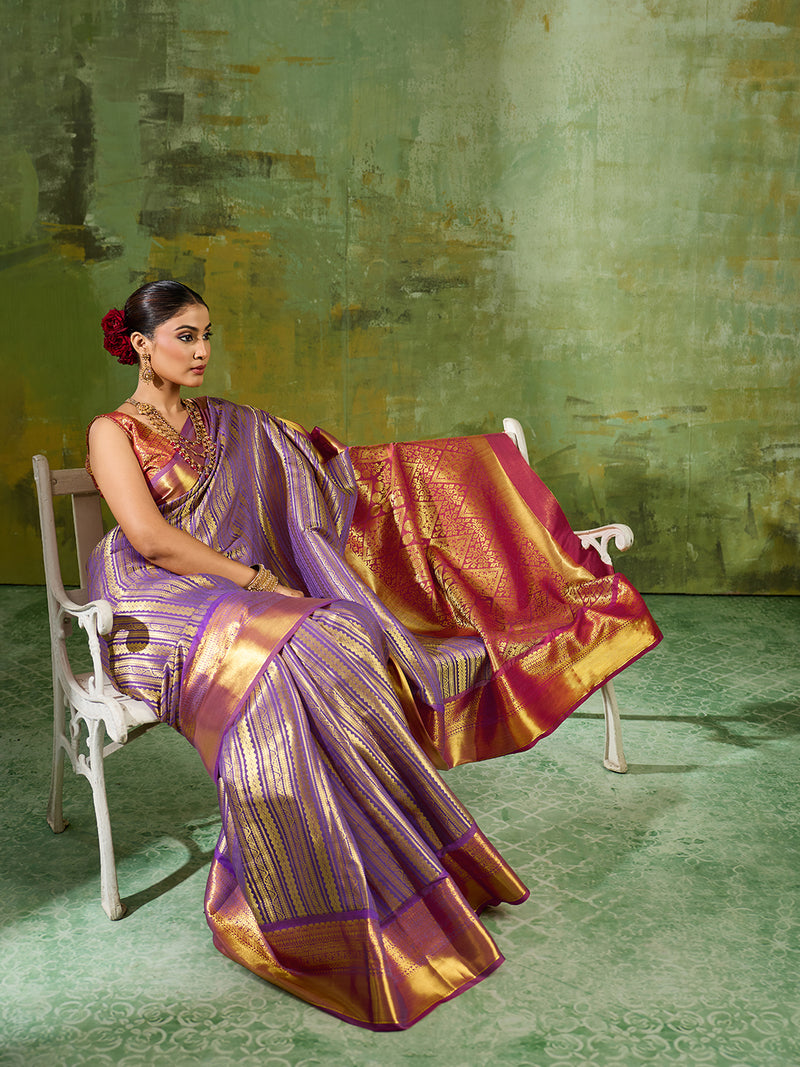 Lavender & Maroon Kanchivaram Silk Paithani Saree | EZB SI04 SUTIR1001