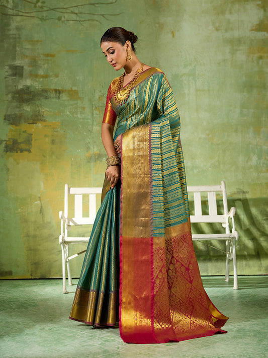 Teal & Maroon Kanchivaram Silk Paithani Saree | EZB SI04 SUTIR1002