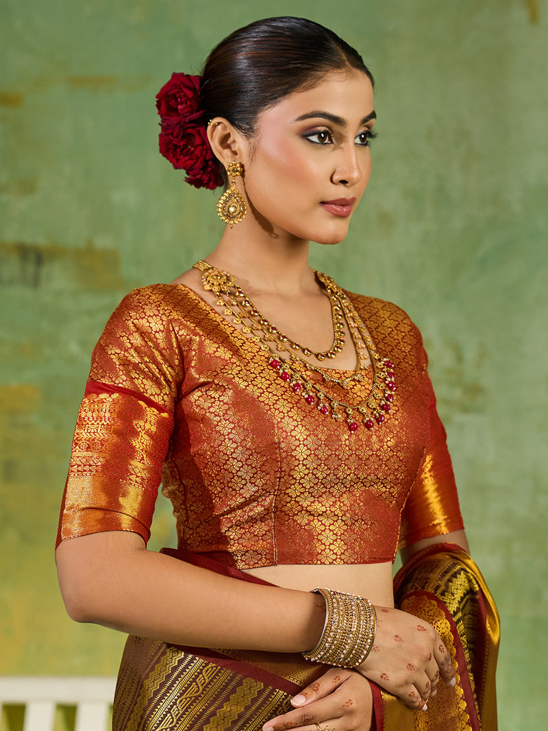 Brown & Maroon Kanchivaram Silk Paithani Saree | EZB SI04 SUTIR1003