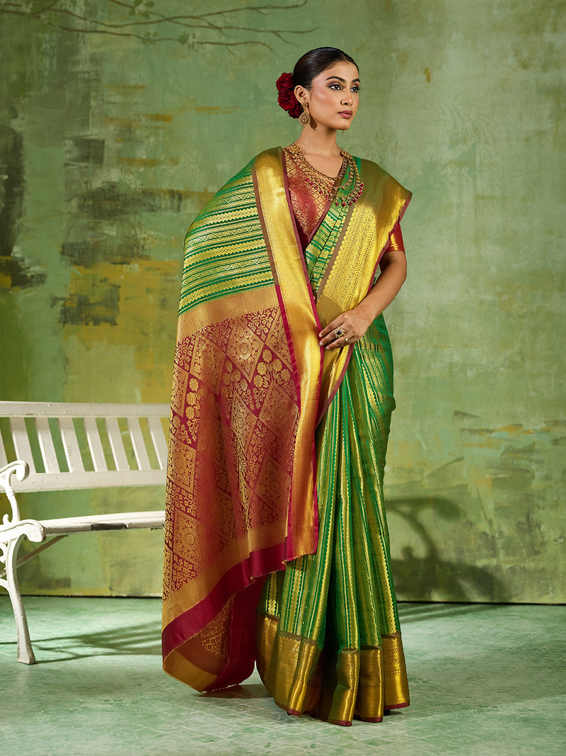 Green & Maroon Kanchivaram Silk Paithani Saree | EZB SI04 SUTIR1005