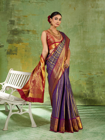 Blue & Maroon Kanchivaram Silk Paithani Saree | EZB SI04 SUTIR1006