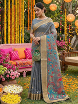 Grey Linen Cotton Brocade Saree | EZB SI04 SUUTS1001