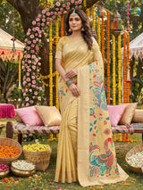 Yellow Linen Cotton Brocade Saree | EZB SI04 SUUTS1002