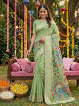 Light Green Linen Cotton Brocade Saree | EZB SI04 SUUTS1004