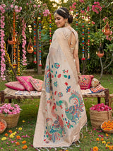 Cream Linen Cotton Brocade Saree | EZB SI04 SUUTS1005