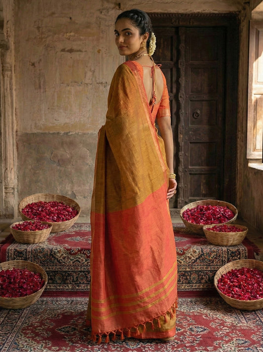 BROWN Cotton Saree with Blouse Piece | EZBER