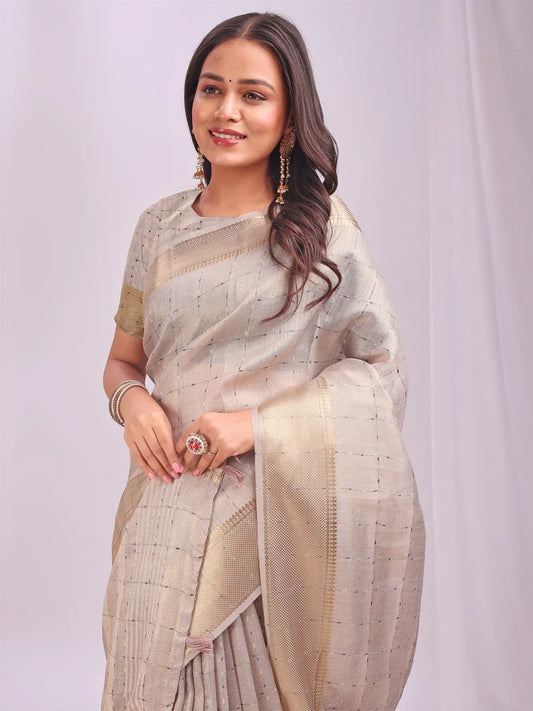 Cream CASUAL CHECKS Organza Saree with Blouse Piece - EZBER