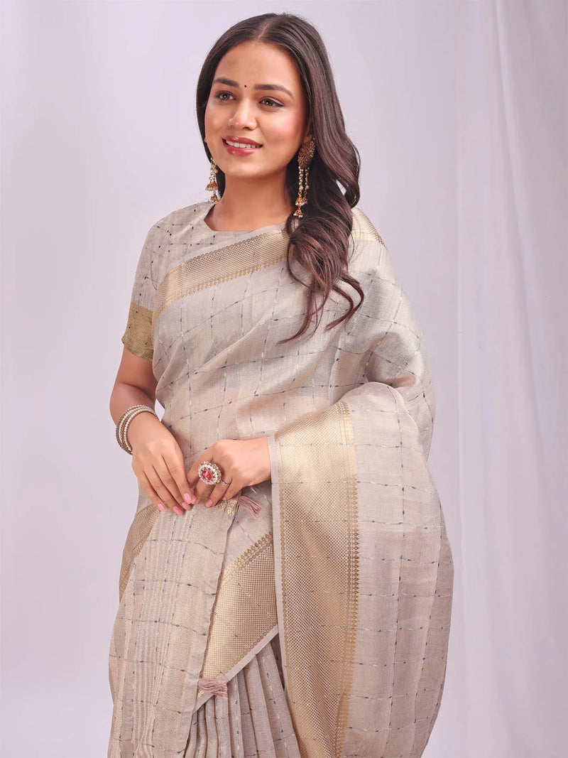Cream CASUAL CHECKS Organza Saree with Blouse Piece - EZBER