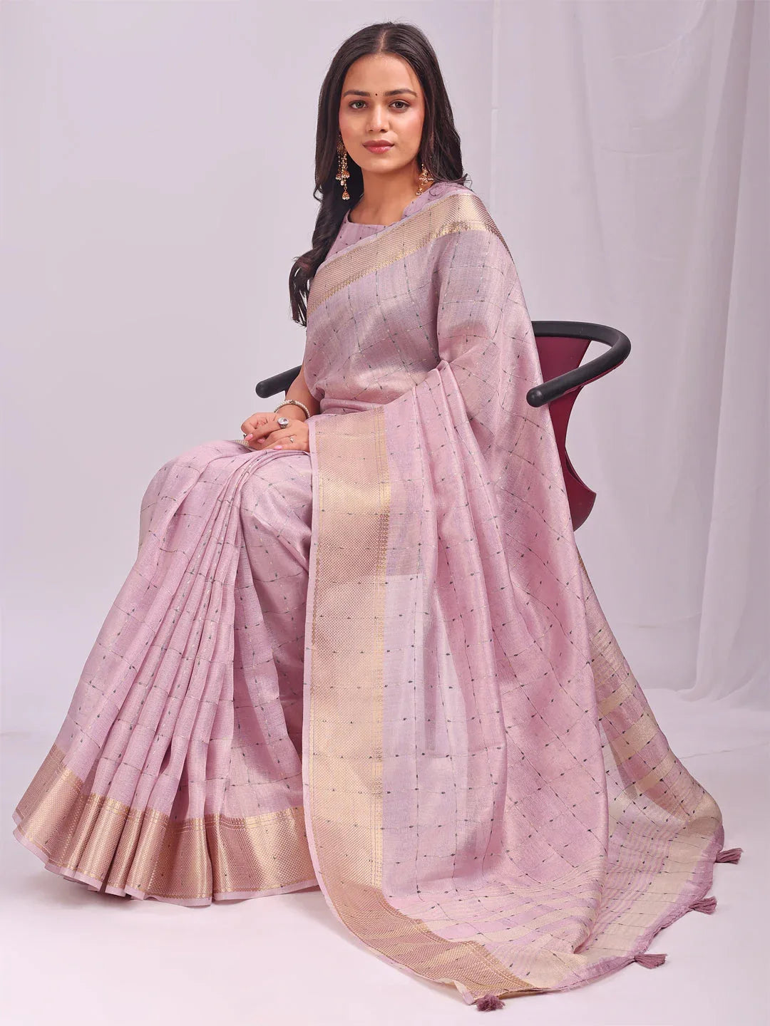Light Pink CASUAL CHECKS Organza Saree with Blouse Piece - EZBER
