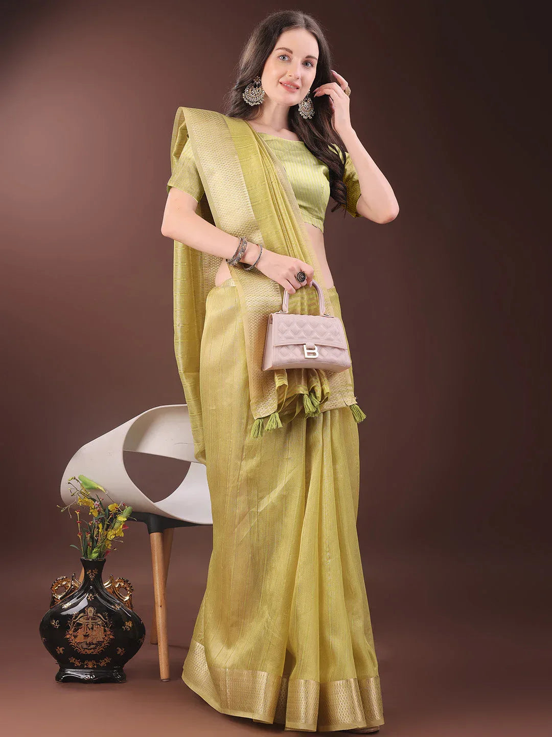 Yellow Organza Saree With Blouse Piece - EZBER