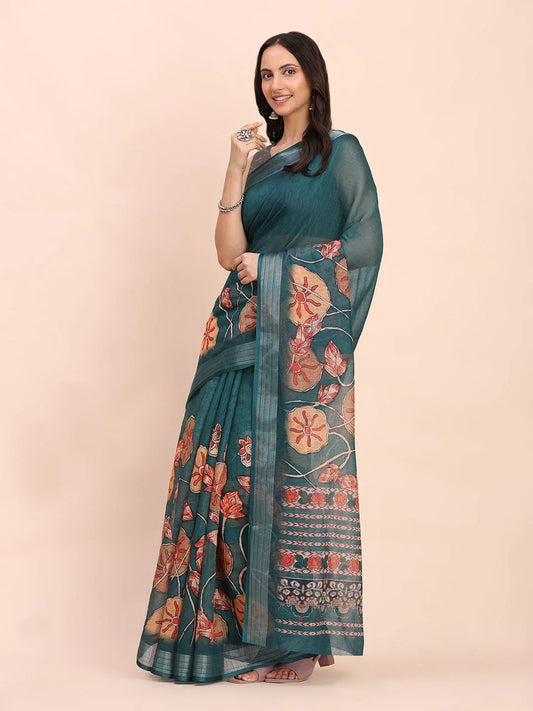 Teal Blue COTTON CRUSH Linen Cotton Saree with Blouse Piece - EZBER