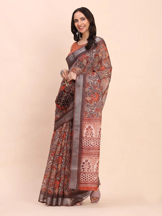Brown COTTON CRUSH Linen Cotton Saree with Blouse Piece - EZBER