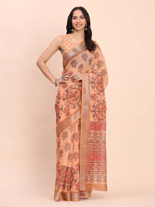 Orange COTTON CRUSH Linen Cotton Saree with Blouse Piece - EZBER