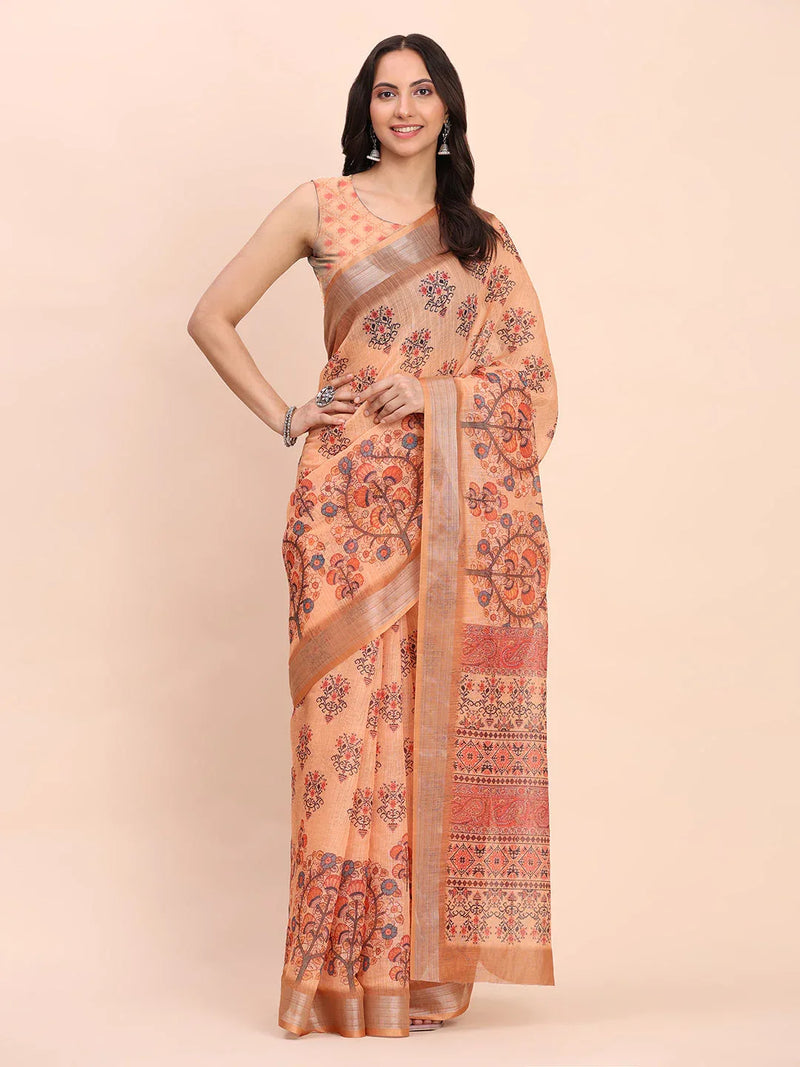 Orange COTTON CRUSH Linen Cotton Saree with Blouse Piece - EZBER