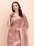 Brown COTTON CRUSH Linen Cotton Saree with Blouse Piece - EZBER