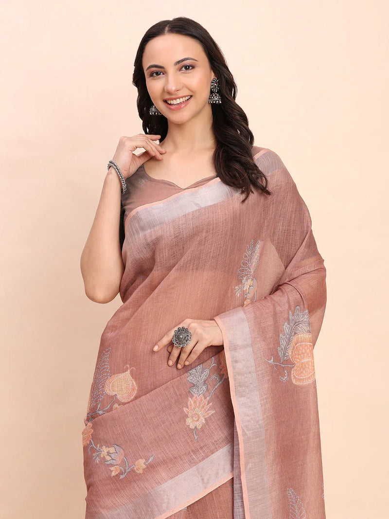 Brown COTTON CRUSH Linen Cotton Saree with Blouse Piece - EZBER