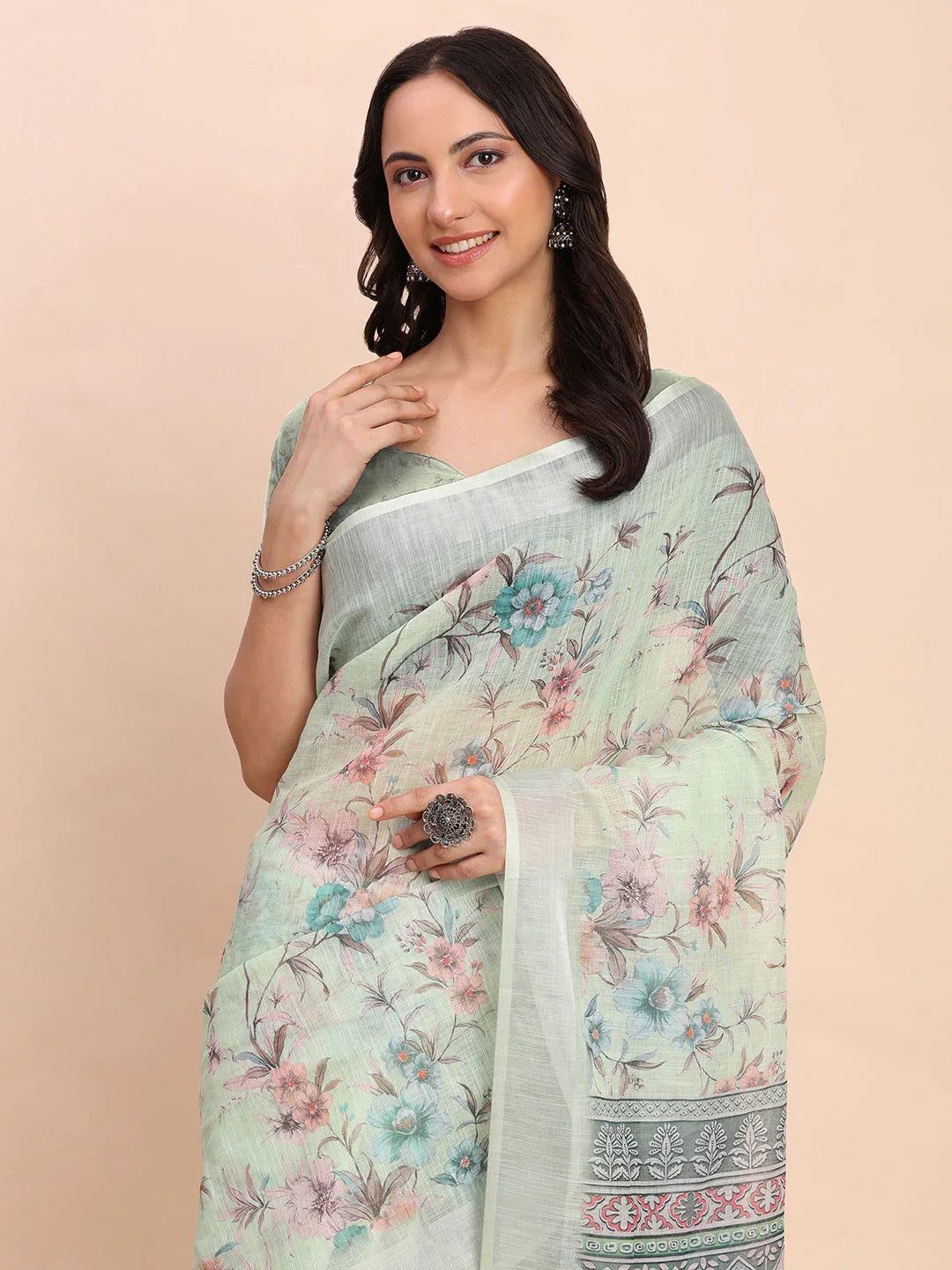 Light Green COTTON CRUSH Linen Cotton Saree with Blouse Piece - EZBER