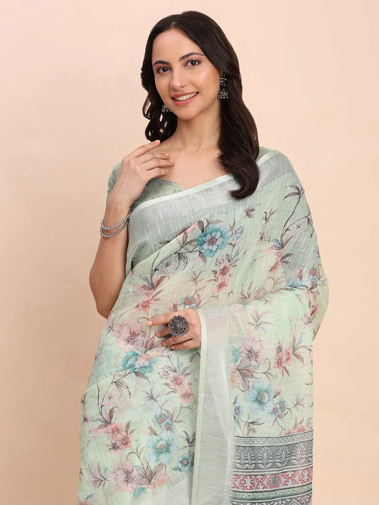 Light Green COTTON CRUSH Linen Cotton Saree with Blouse Piece - EZBER
