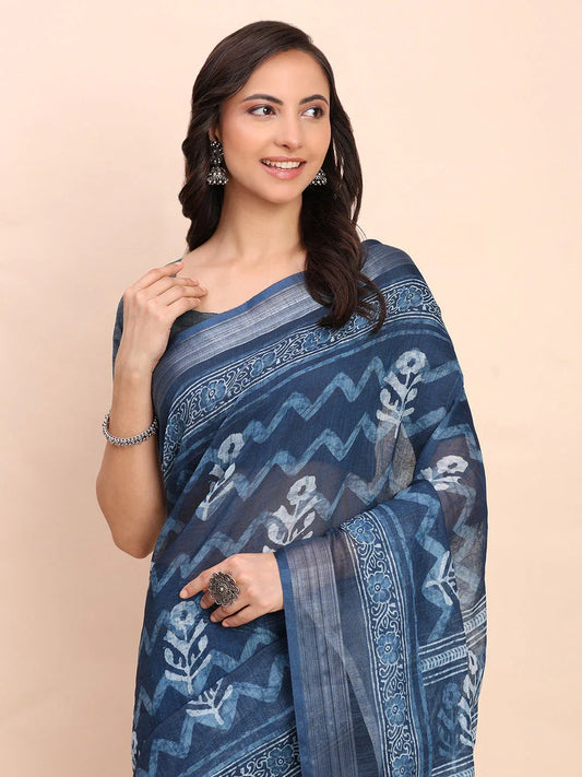 Indigo Blue COTTON CRUSH Linen Cotton Saree with Blouse Piece - EZBER
