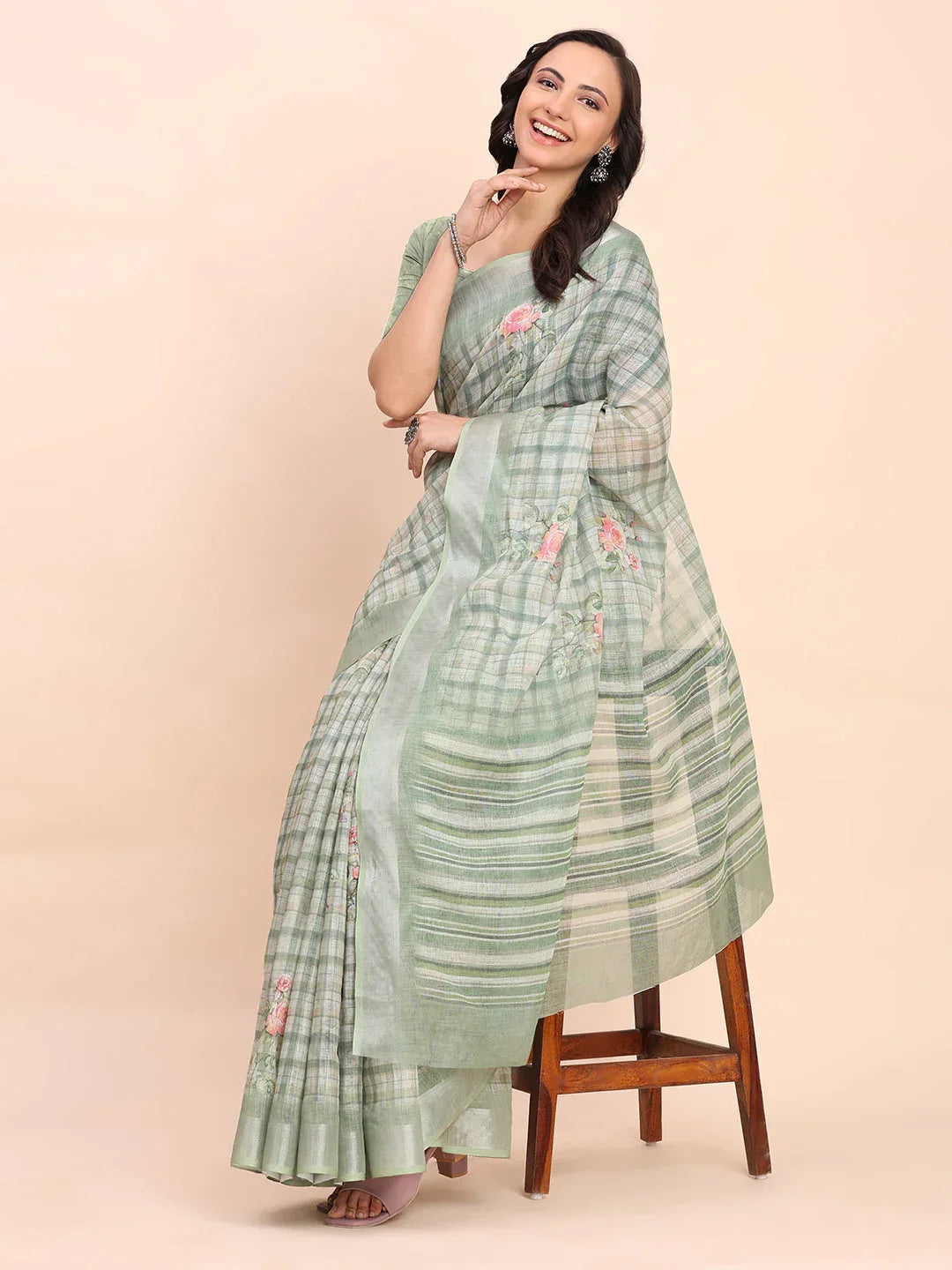 Light Green COTTON CRUSH Linen Cotton Saree with Blouse Piece - EZBER