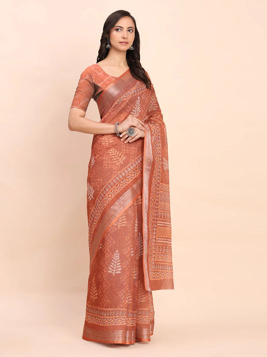 Rust SANSKRIT PRINTS Linen Cotton Saree with Blouse Piece - EZBER
