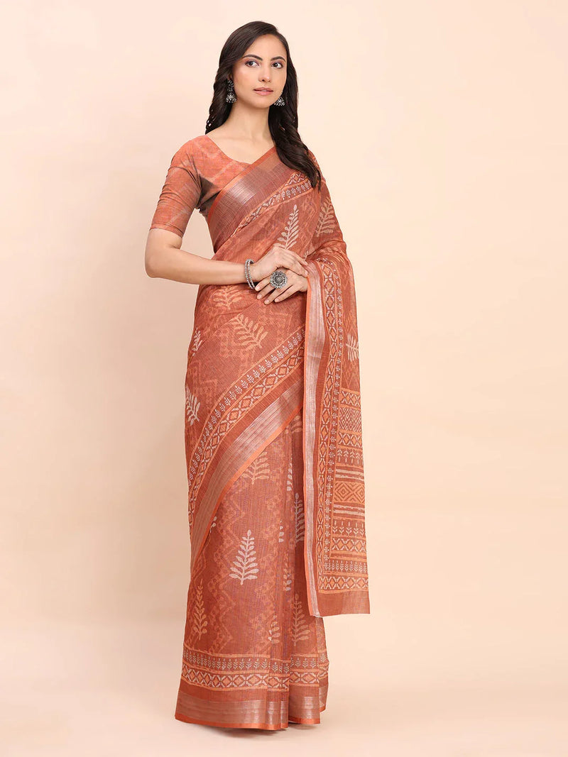 Rust SANSKRIT PRINTS Linen Cotton Saree with Blouse Piece - EZBER
