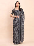 Black SANSKRIT PRINTS Linen Cotton Saree with Blouse Piece - EZBER
