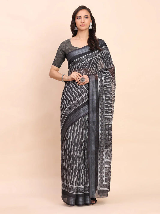 Black SANSKRIT PRINTS Linen Cotton Saree with Blouse Piece - EZBER