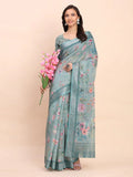 Sea Green SANSKRIT PRINTS Linen Cotton Saree with Blouse Piece - EZBER