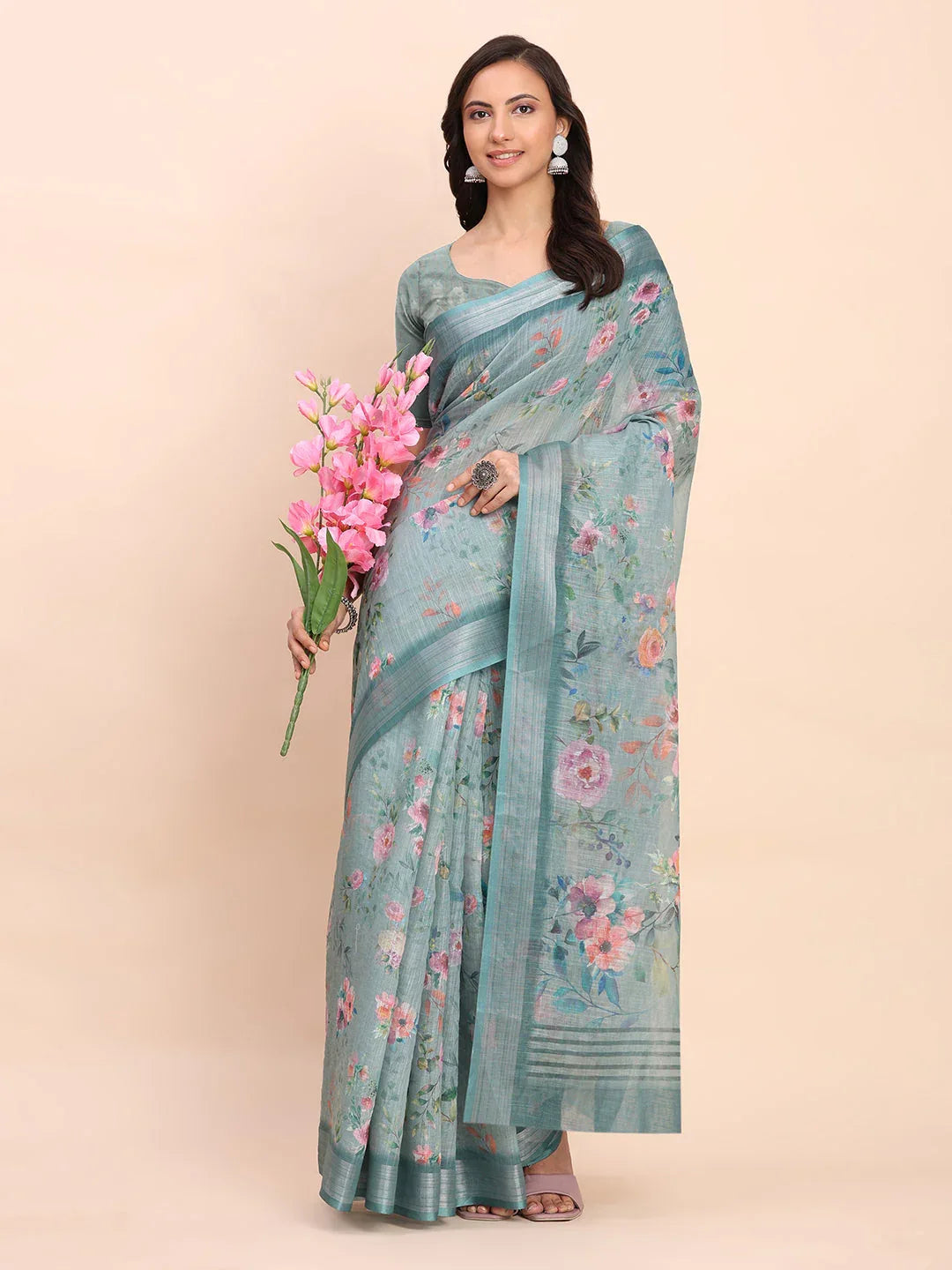 Sea Green SANSKRIT PRINTS Linen Cotton Saree with Blouse Piece - EZBER