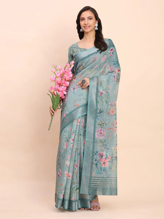 Sea Green SANSKRIT PRINTS Linen Cotton Saree with Blouse Piece - EZBER