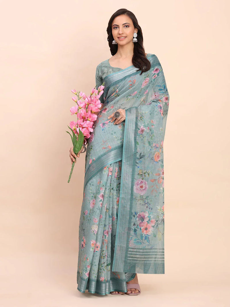 Sea Green SANSKRIT PRINTS Linen Cotton Saree with Blouse Piece - EZBER
