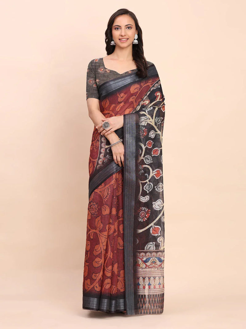 Maroon SANSKRIT PRINTS Linen Cotton Saree with Blouse Piece - EZBER