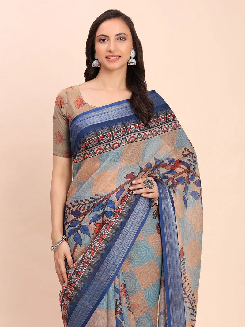 Cream SANSKRIT PRINTS Linen Cotton Saree with Blouse Piece - EZBER