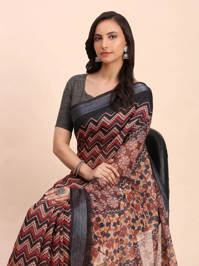 Black SANSKRIT PRINTS Linen Cotton Saree with Blouse Piece - EZBER