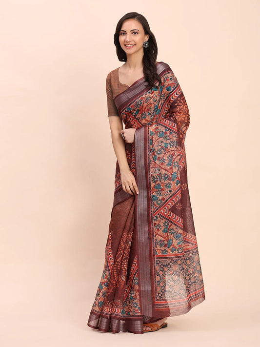 Brown SANSKRIT PRINTS Linen Cotton Saree with Blouse Piece - EZBER