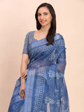 Indigo Blue SANSKRIT PRINTS Linen Cotton Saree with Blouse Piece - EZBER